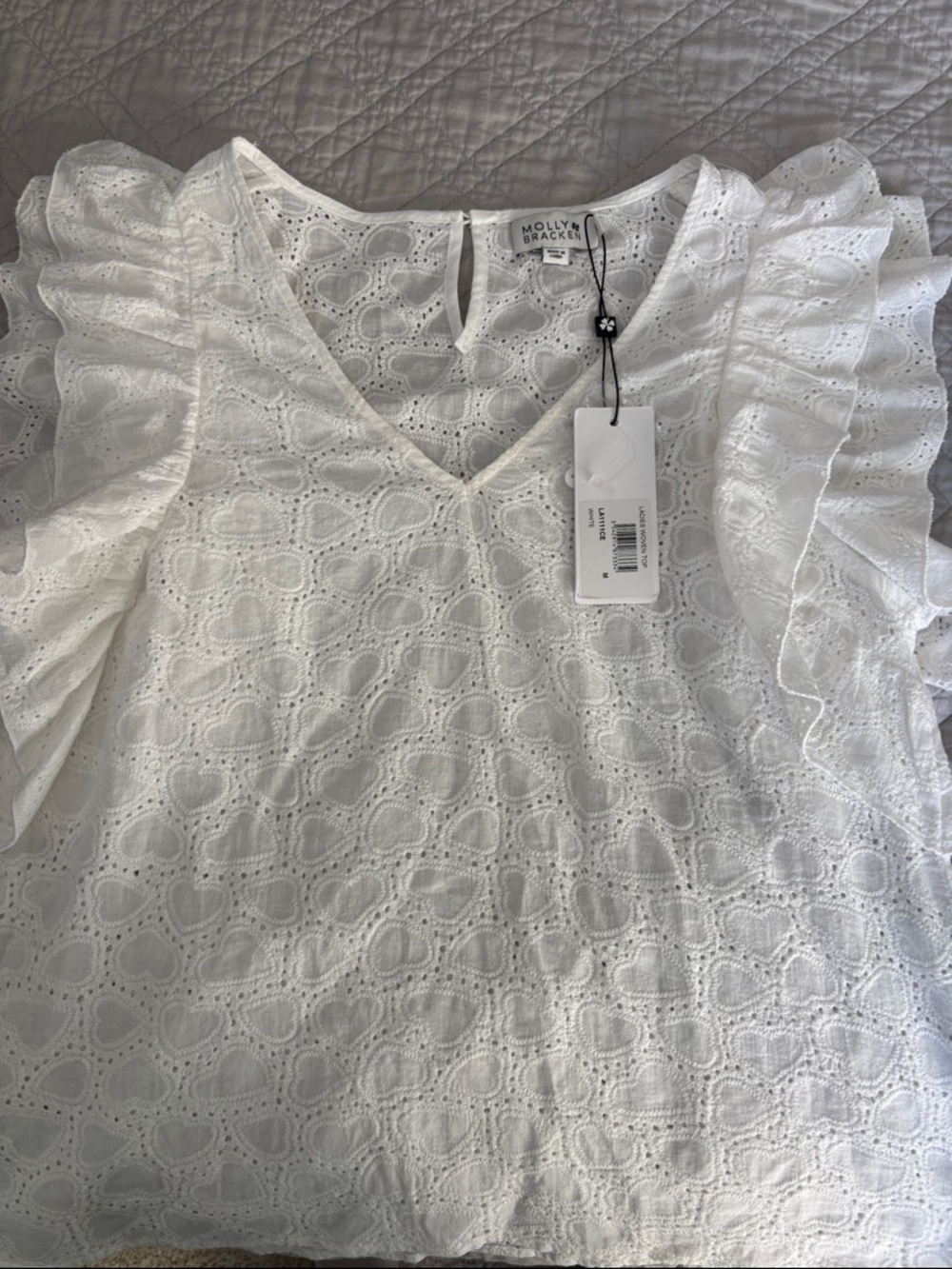 Molly Bracken NWT White Eyelet Ruffle Sleeve V-Neck Top